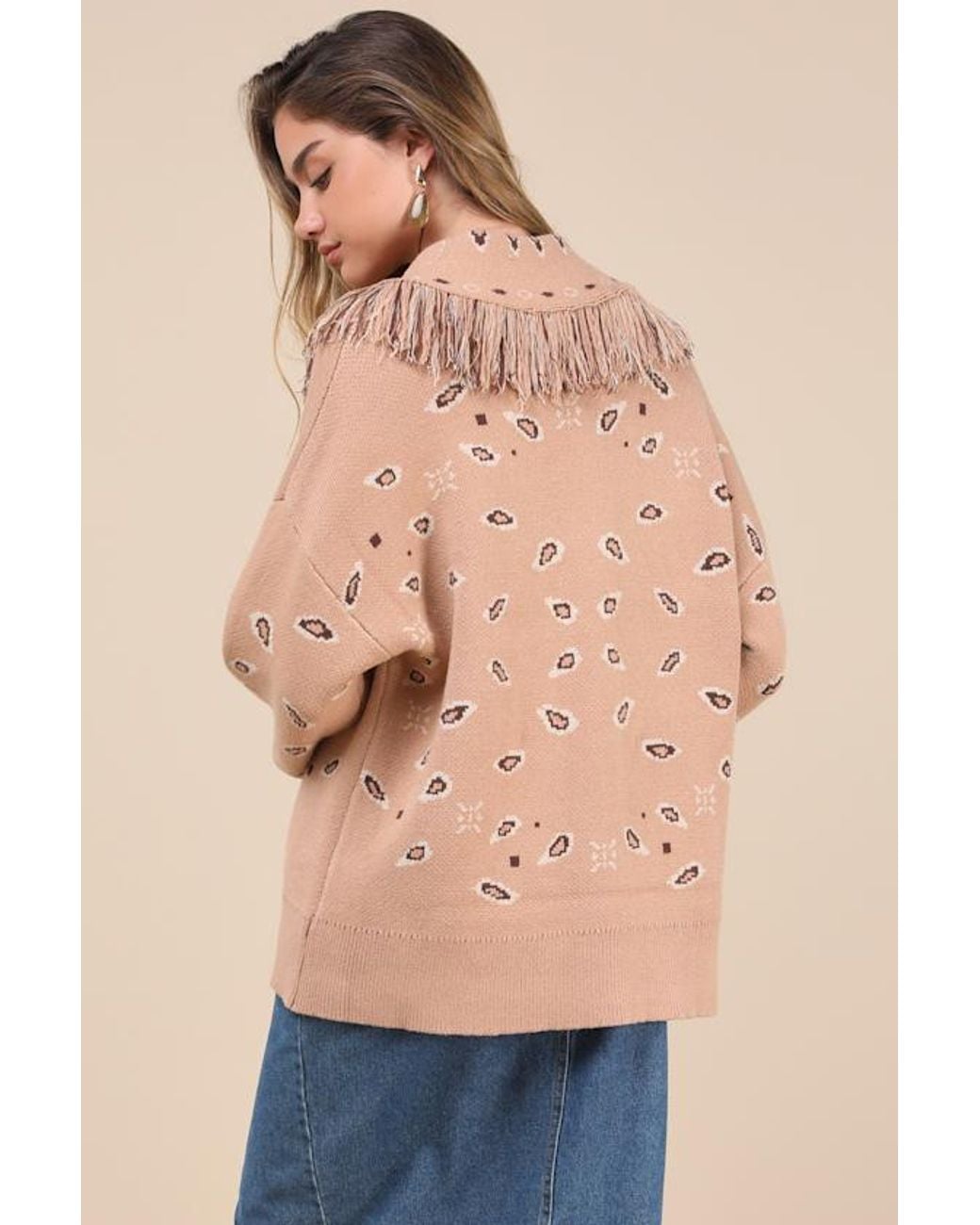 Lulus Natural Playful Coziness Bandana Print Fringe Button-Up Cardigan
