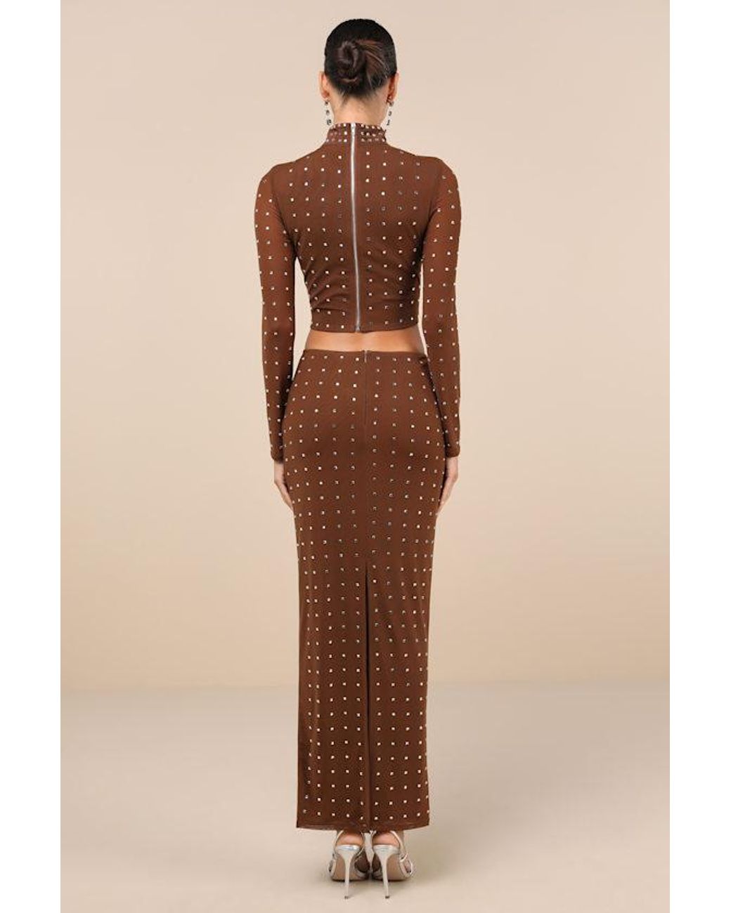 mesh rhinestone two-piece dress Brown 2-PC Dress - Mesh Rhinestone Dress - Mock Neck Maxi Dress