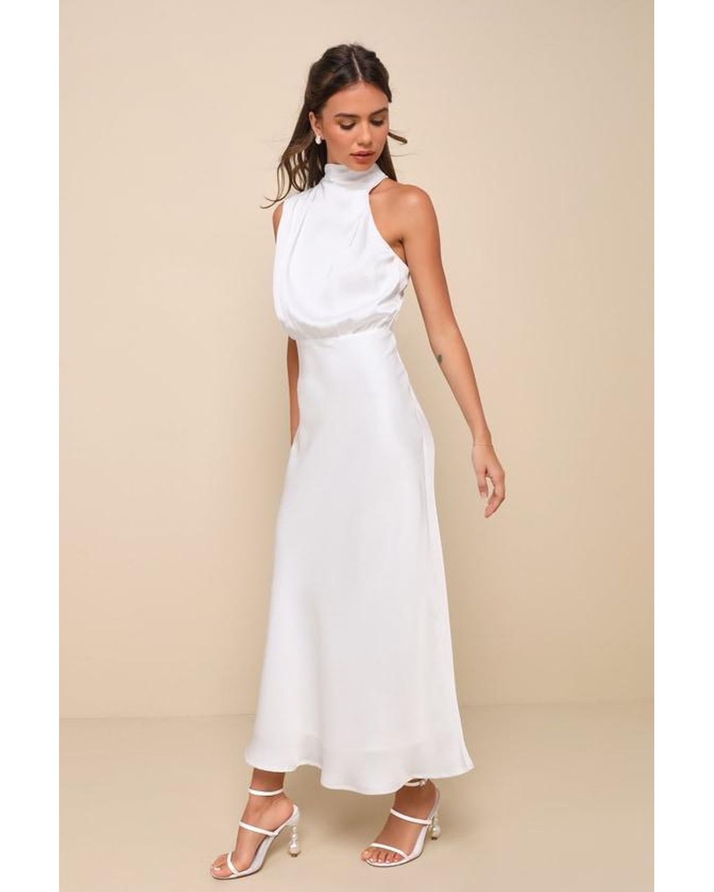 Lulus Natural Distinctive Charm Satin Asymmetrical Midi Dress