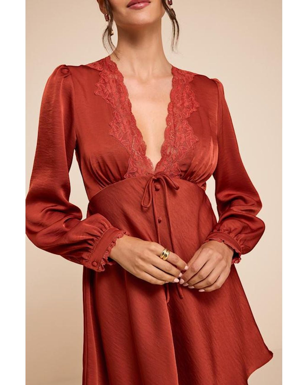 Lulus Red Goldia Satin Long Sleeve Babydoll Mini Dress