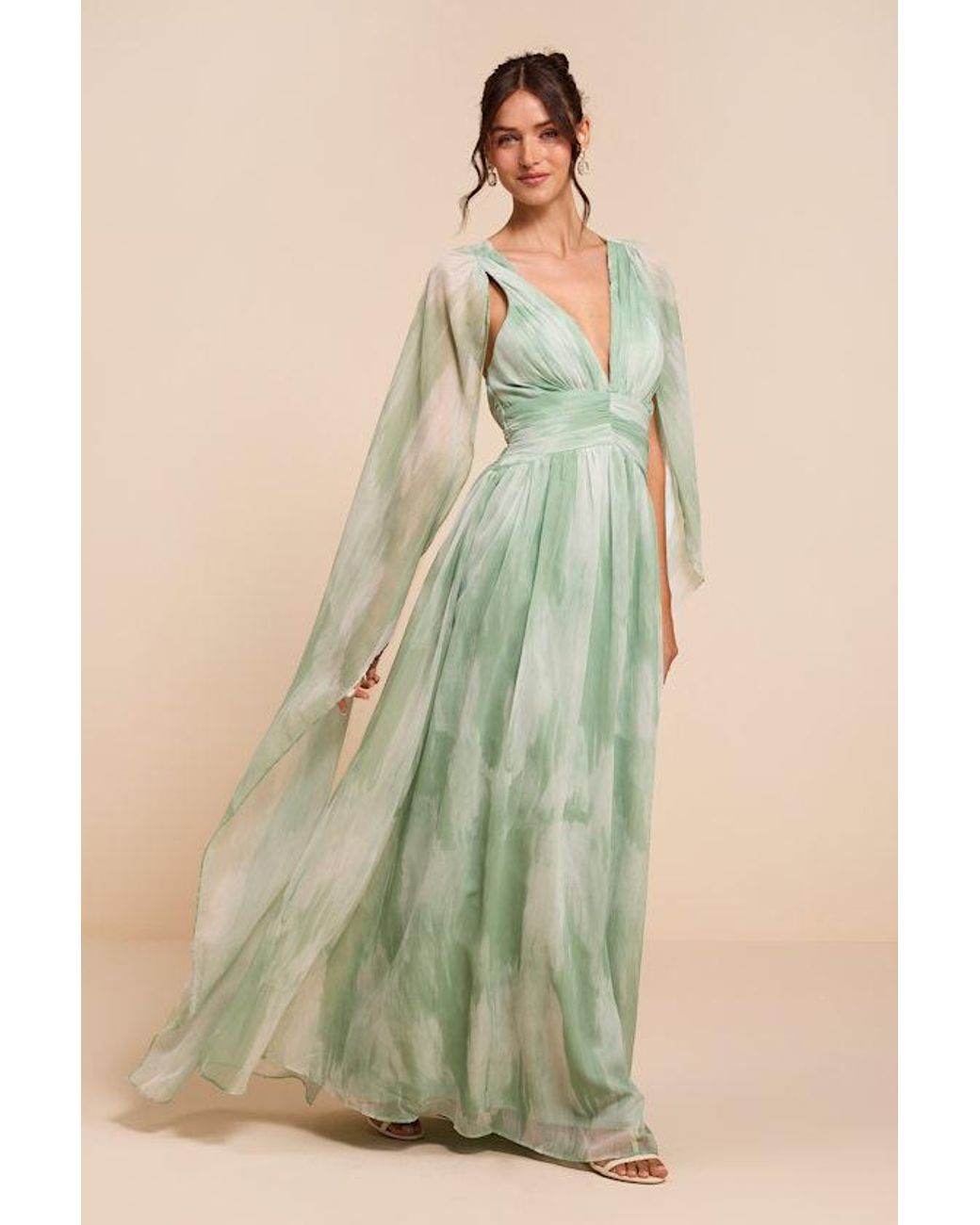 Lulus Green Damaria Sage Multi Abstract Cape Sleeve Maxi Dress