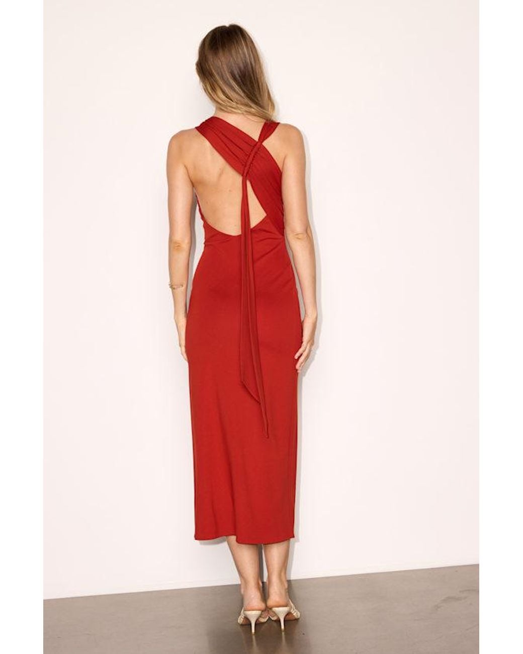Lulus Red Parmida Rust Jersey Knit Backless Midi Dress