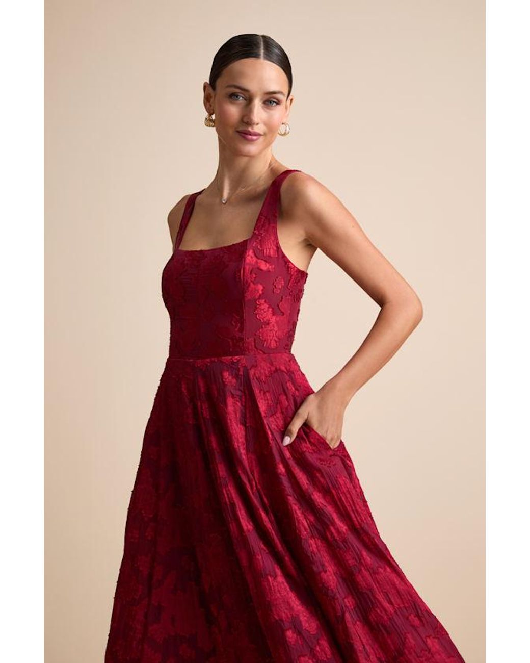Lulus Red Loira Burnout Jacquard Lace-Up Midi Dress