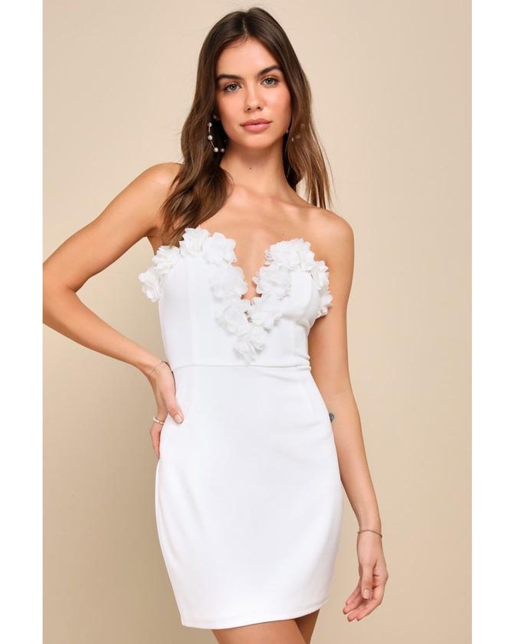 Lulus Gorgeous Wonder 3D Floral Applique Strapless Mini Dress in White |  Lyst
