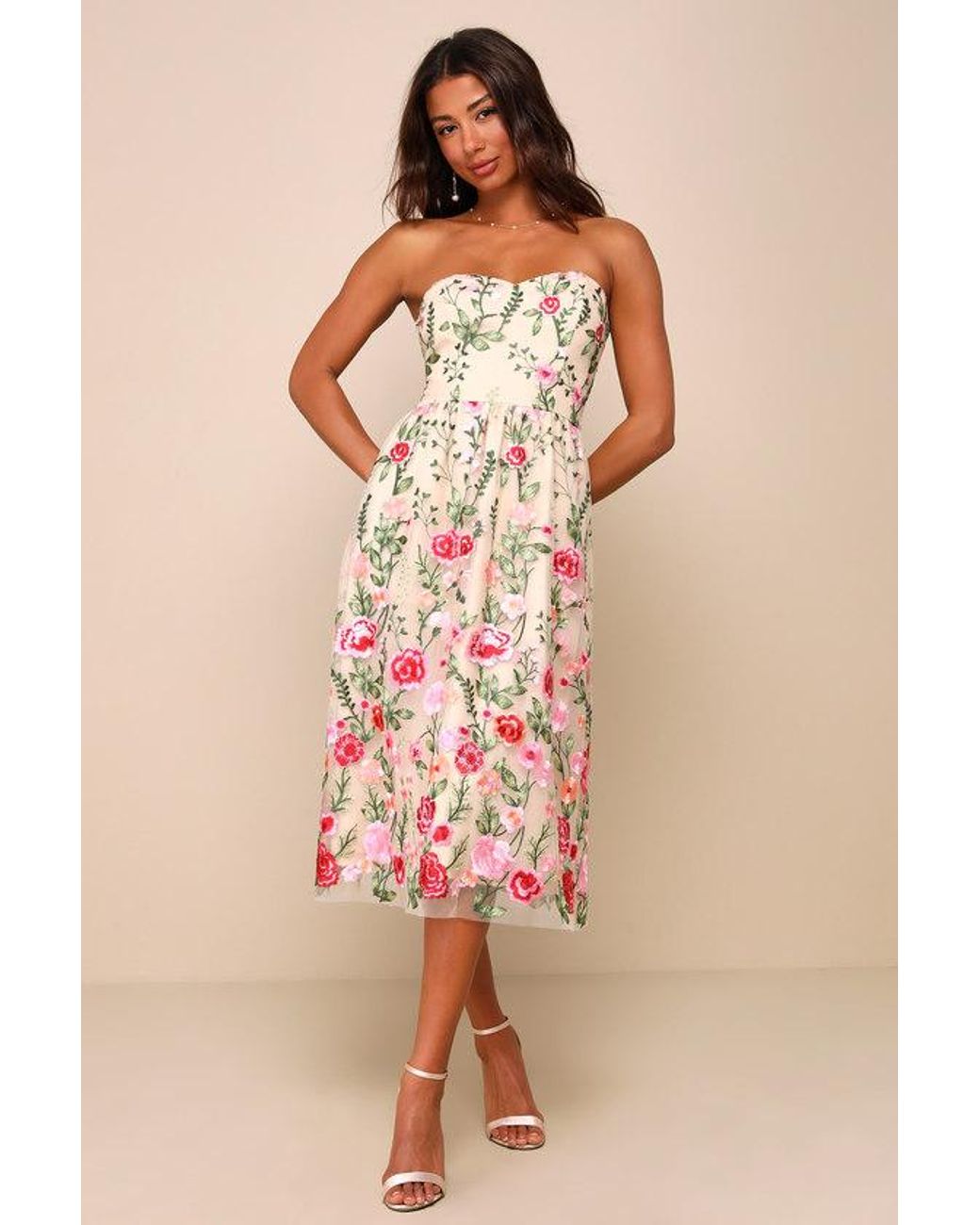 Lulus Pink Endless Praise Floral Embroidered Strapless Midi Dress