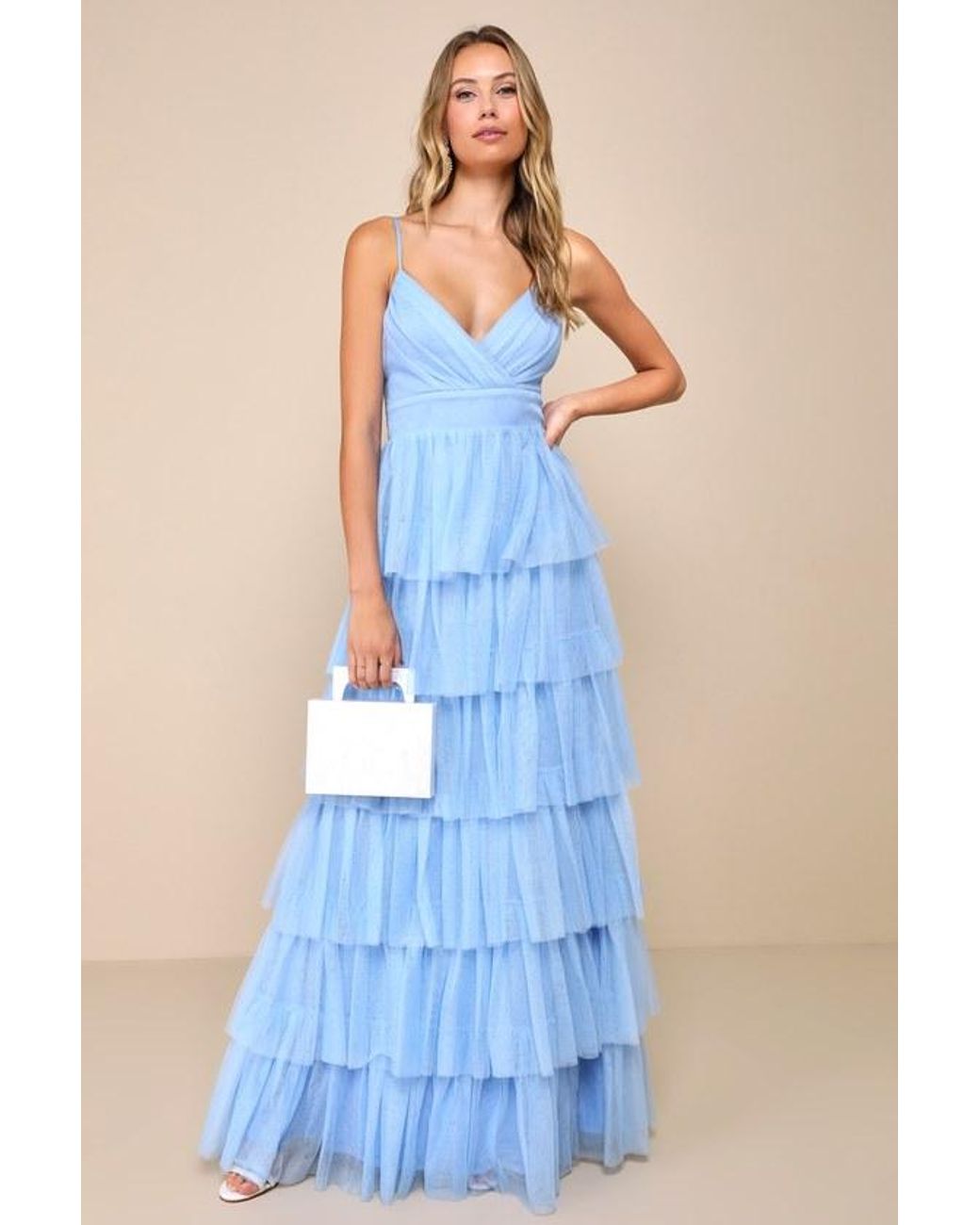 Lulus Rule The Runway Light Tulle Surplice Tiered Maxi Dress in Blue Lyst UK