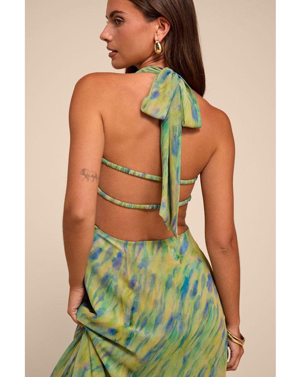 Lulus Green Reyes Multi Abstract Halter Midi Dress