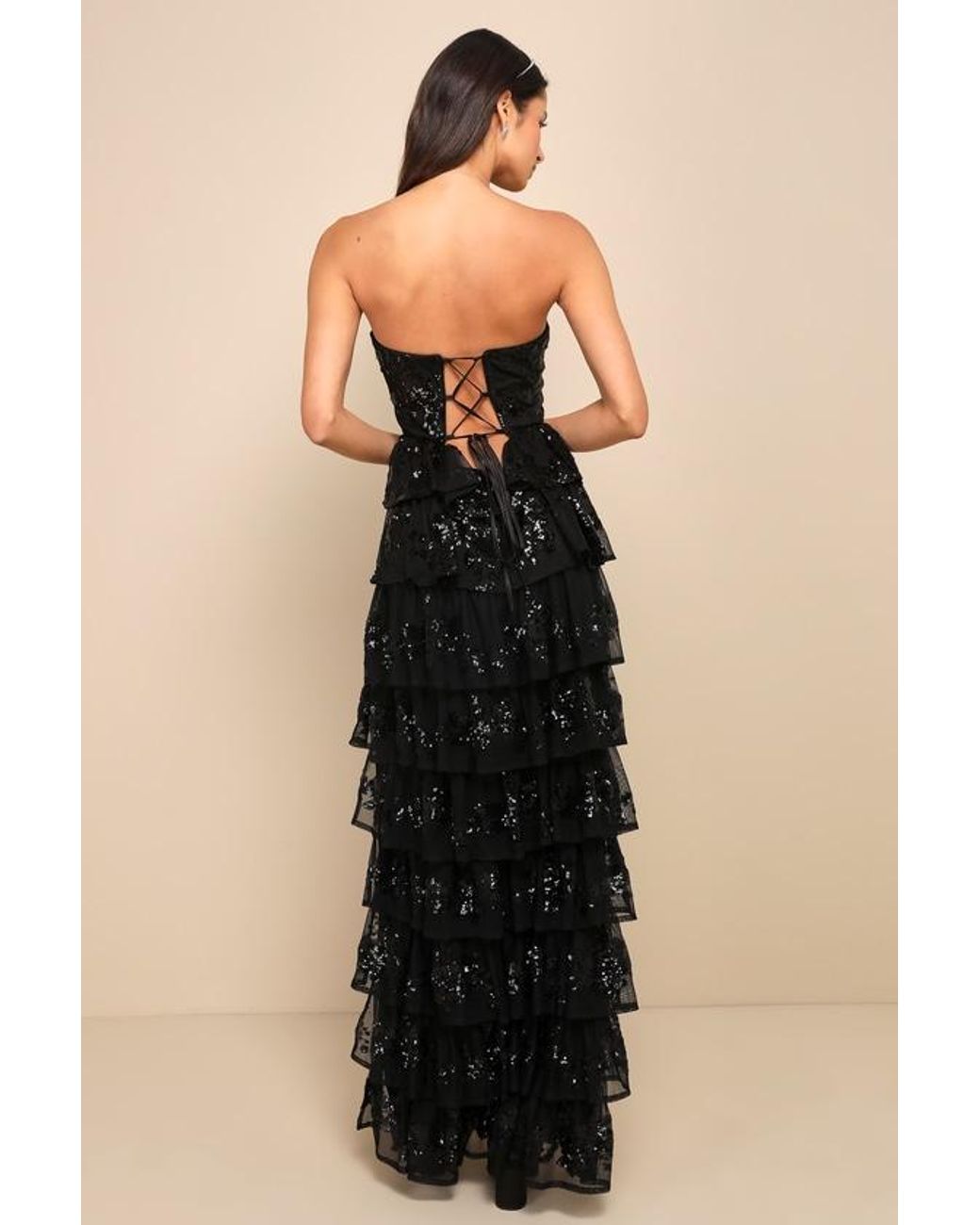 Lulus Black Definite Glamour Sequin Strapless Bustier Maxi Dress