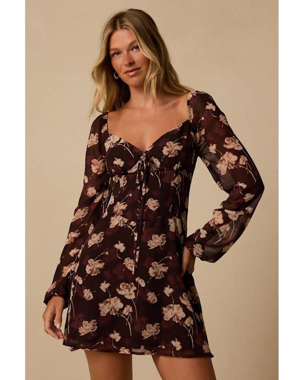 Lulus Brown Jodie Floral Long Sleeve Mini Dress