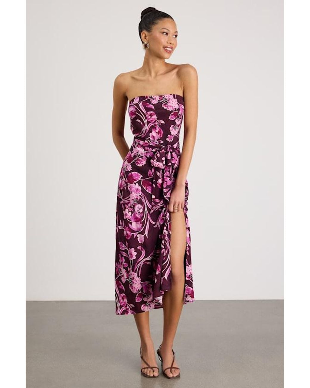 Lulus Purple Fanna Dark Plum Floral Strapless Midi Dress