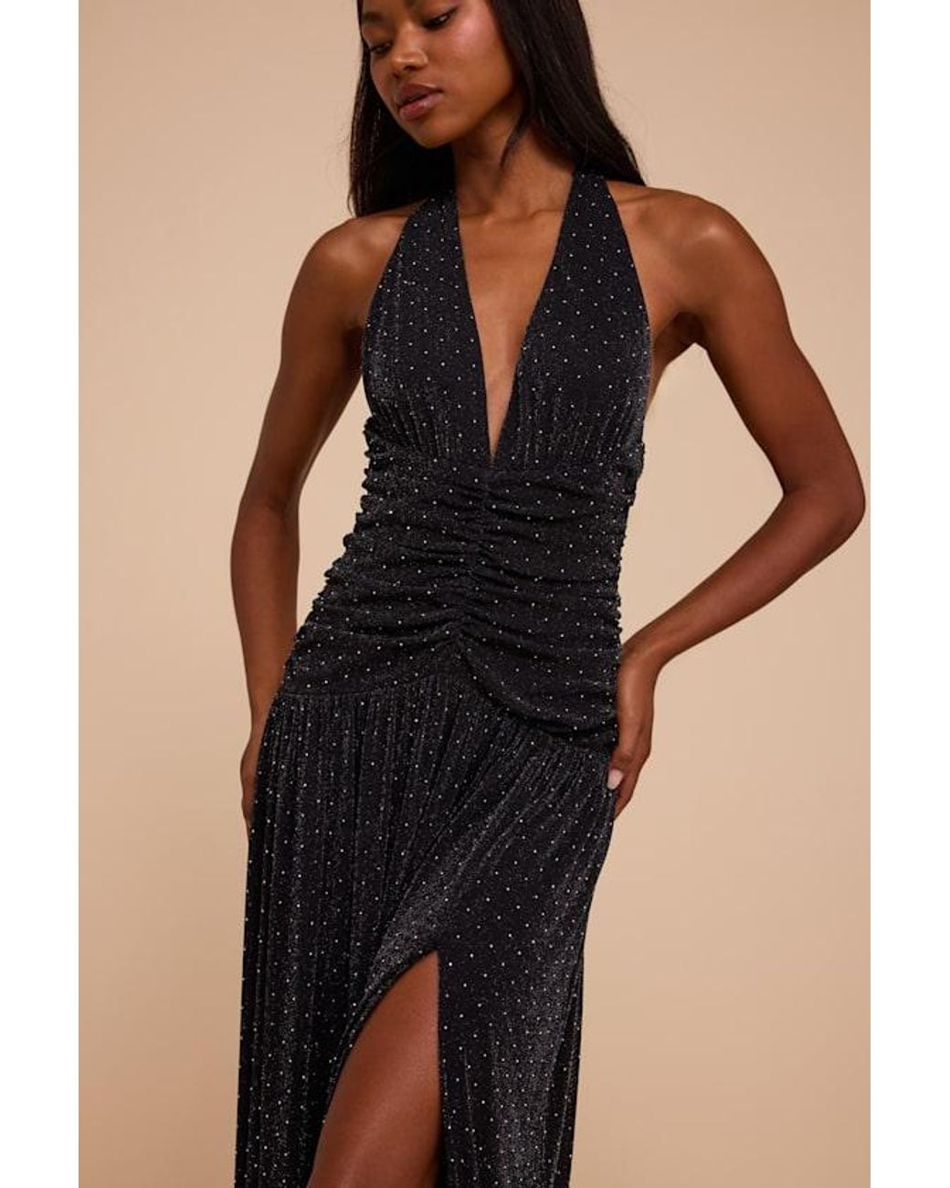 Lulus Natural Elvira Ruched Rhinestone Maxi Dress
