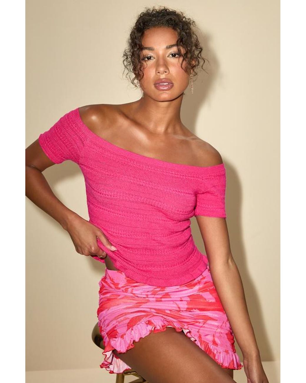 Lulus Pink Alamea Pointelle Knit Off-The-Shoulder Sweater Top