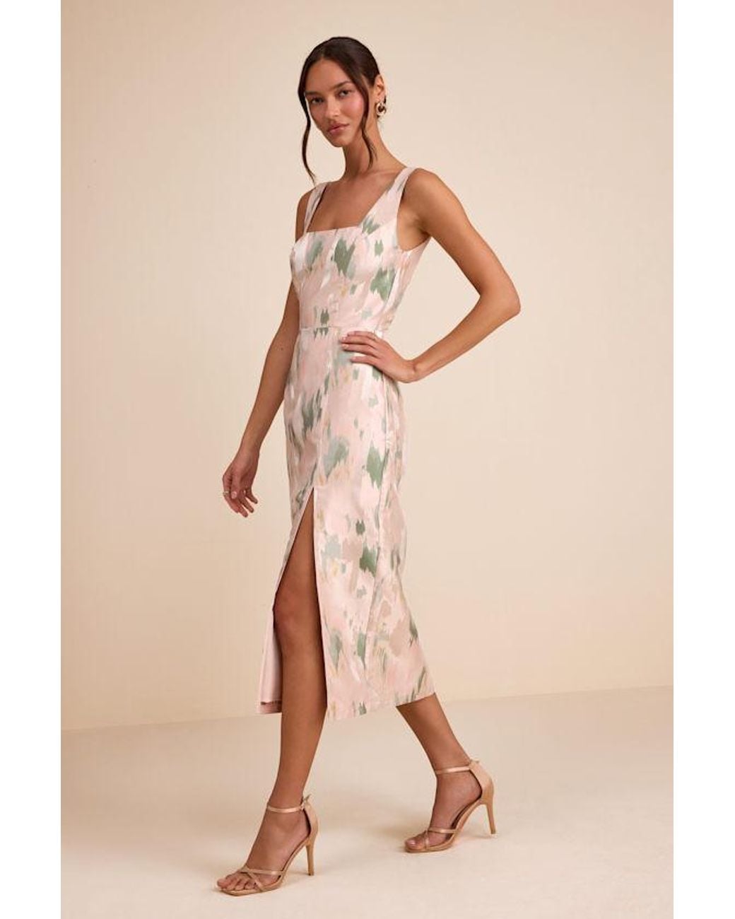 Lulus Natural Diani Blush Abstract Jacquard Column Midi Dress