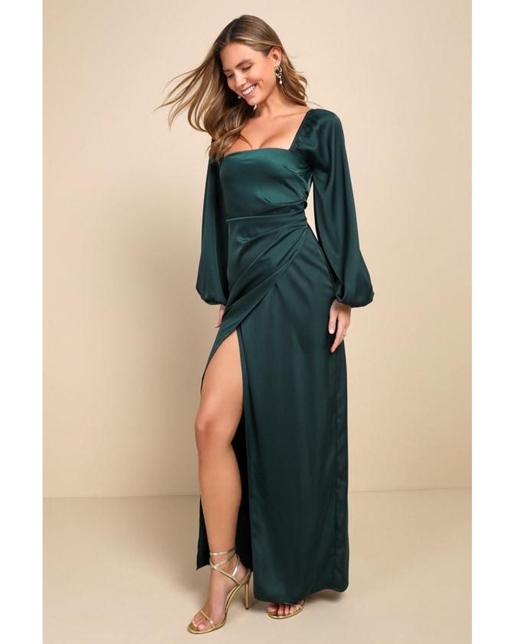 Lulus Blue Eternal Heart Satin Long Sleeve Maxi Dress