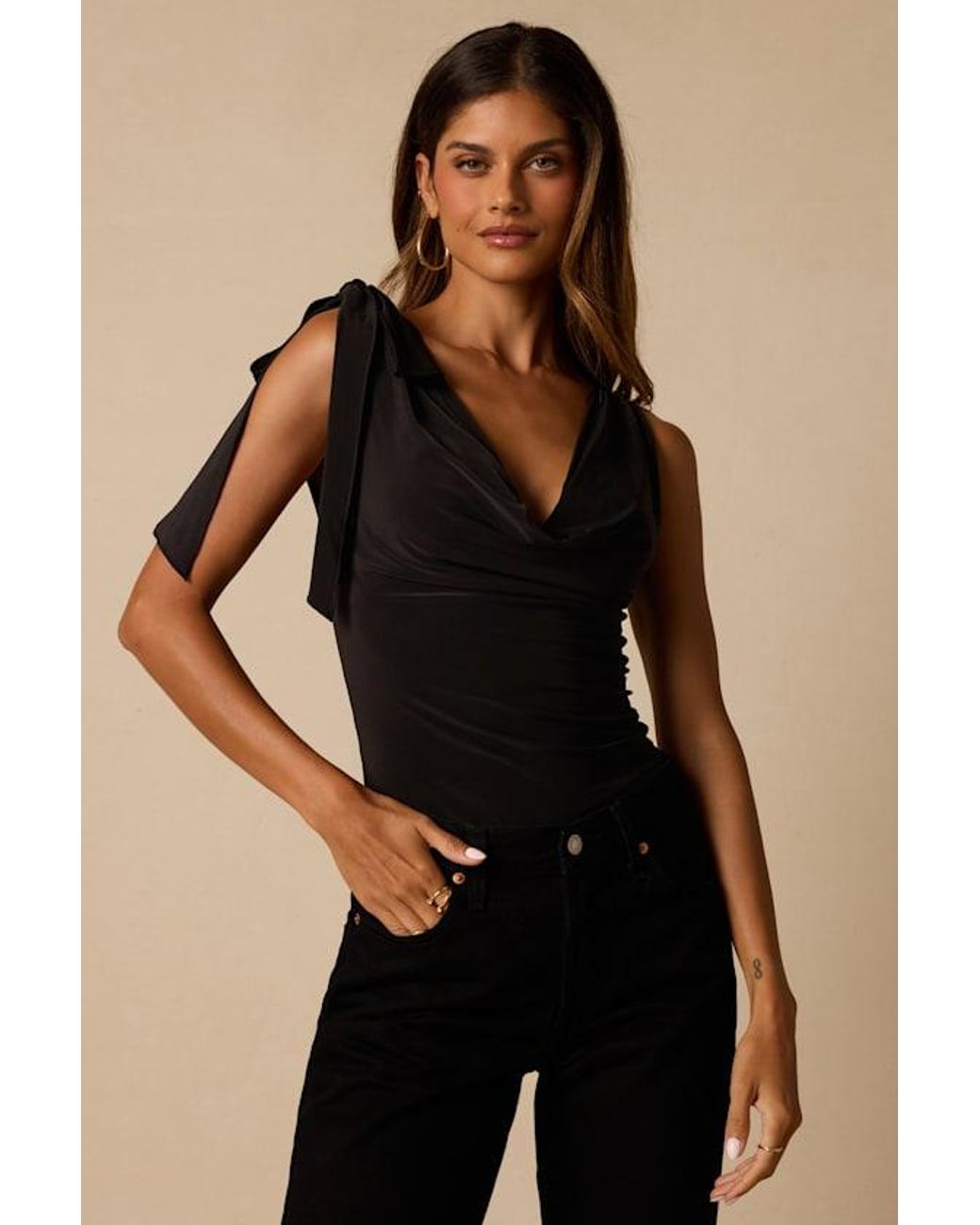 Lulus Black Nerida Slinky Knit Cowl Neck Bodysuit