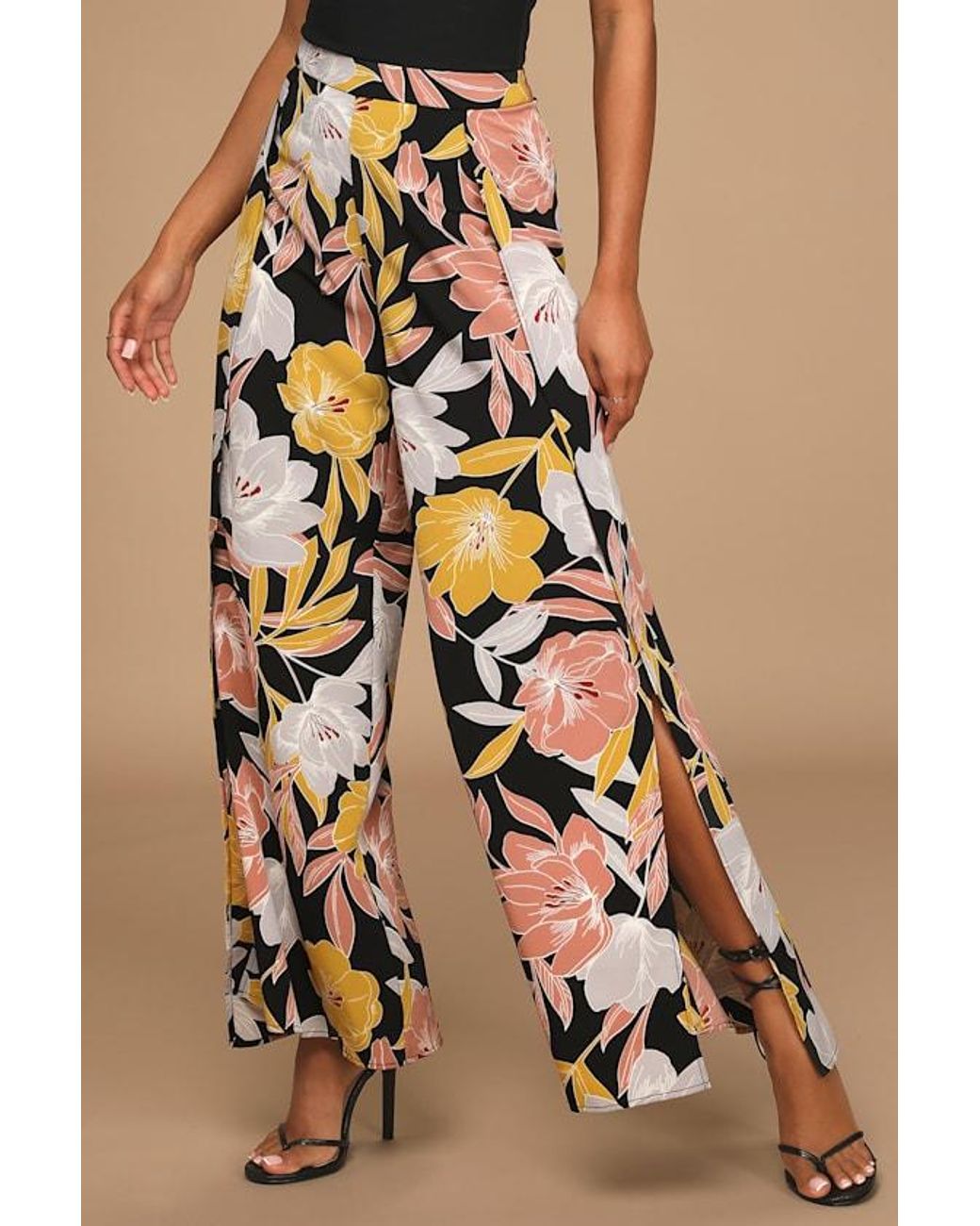 Lulus Natural Blissful Vacay Floral Print Side Slit Pants