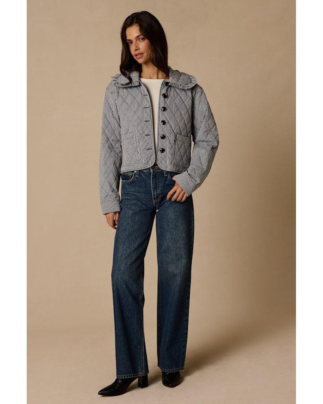 Lulus Gray Ilona Gingham Quilted Collared Jacket