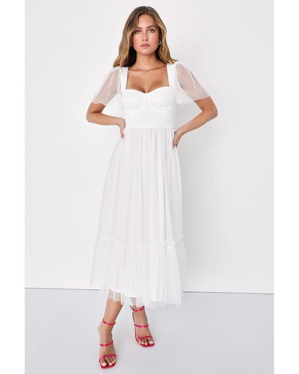 Lulus White Dreamy Celebration Tulle Bustier Swiss Dot Midi Dress