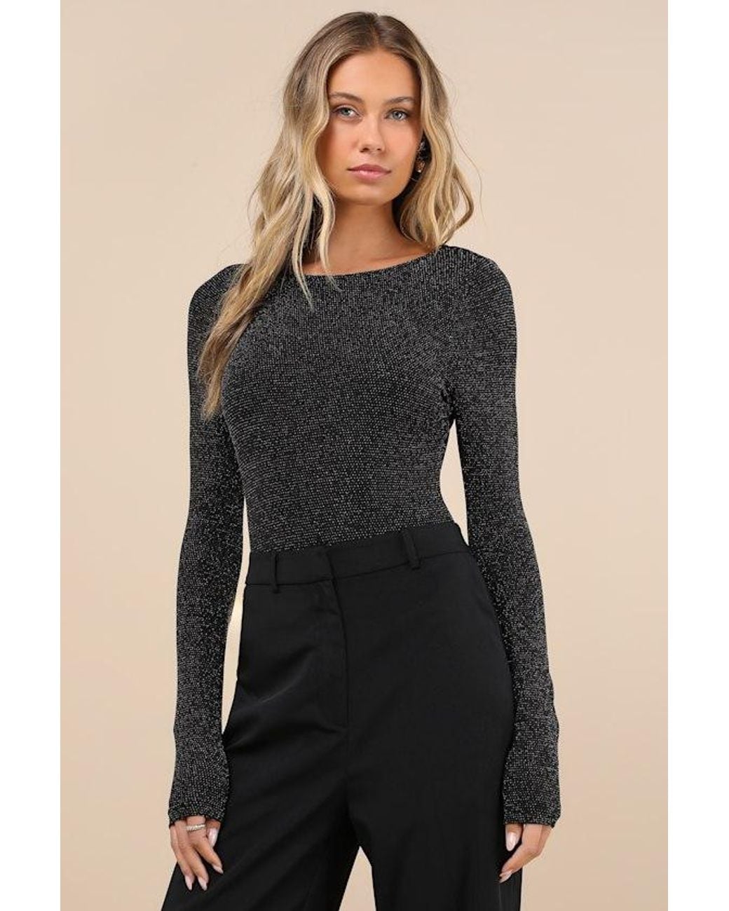 Lulus Black Iconic Sparkle Lurex Backless Long Sleeve Bodysuit