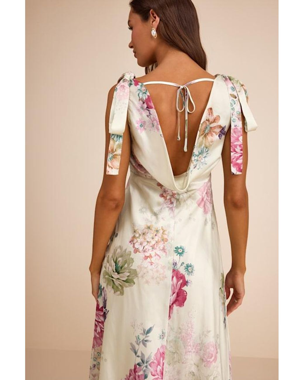 Lulus Natural Zoella Pale Mint Floral Satin Tie-Strap Midi Dress