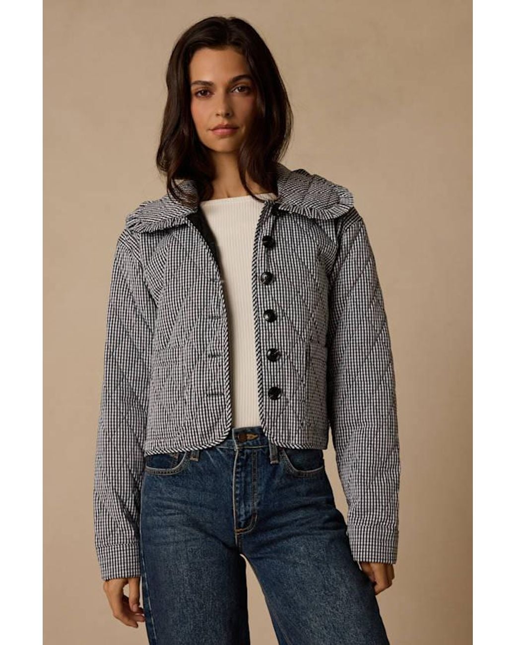 Lulus Gray Ilona Gingham Quilted Collared Jacket