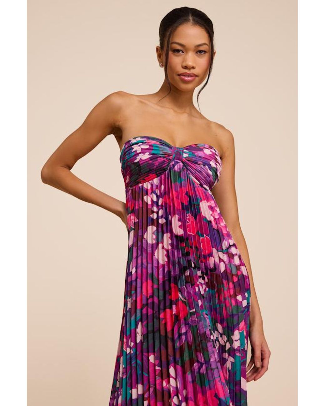 Lulus Pink Whimsical Beauty Multi Satin Plisse Strapless Midi Dress