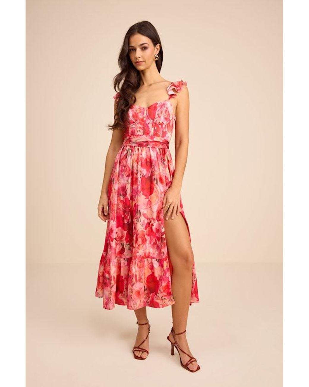 Lulus Red Sweet Like Sangria Floral Ruffled Bustier Midi Dress