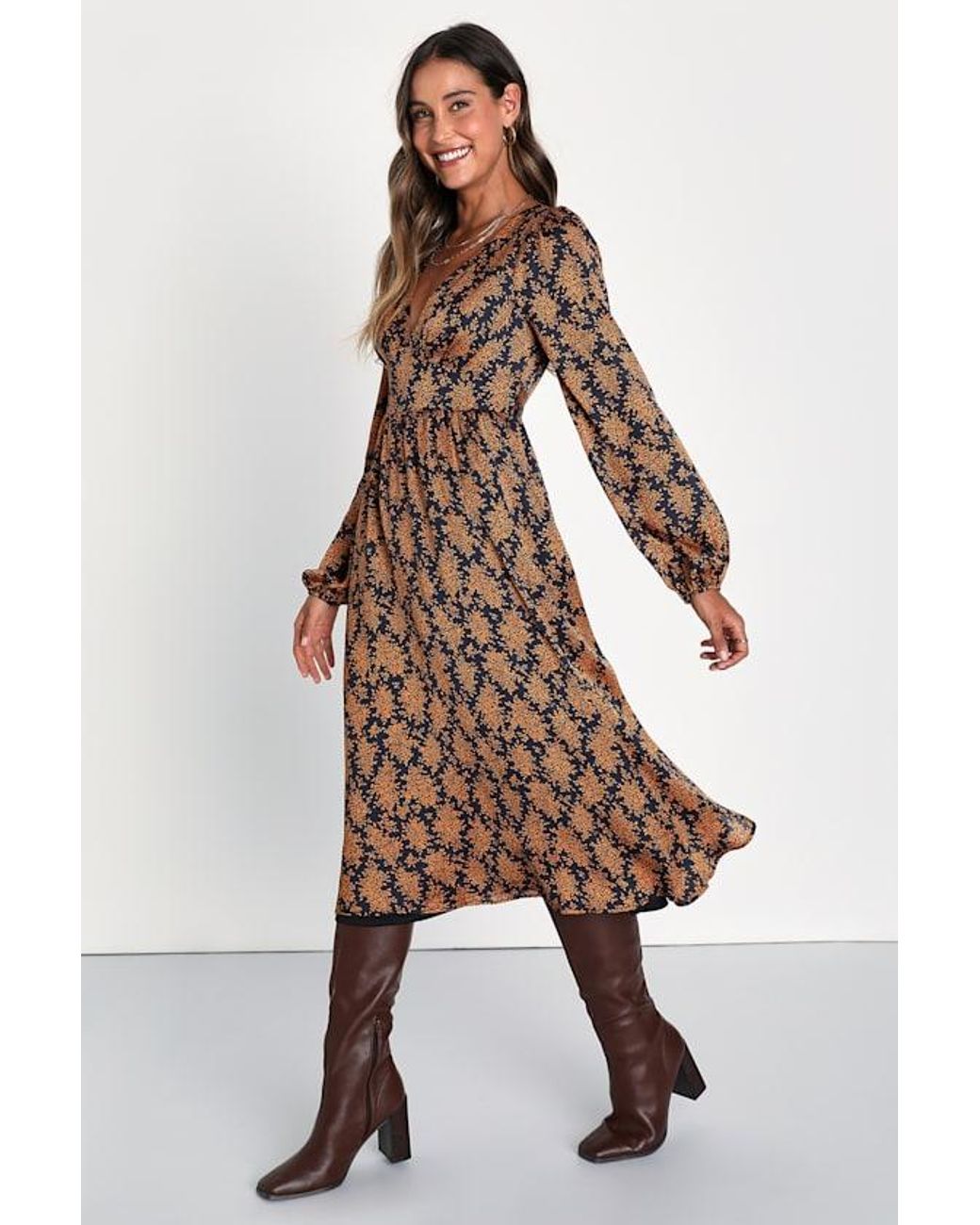 Lulus Brown Graceful Impression And Floral Print Midi Dress