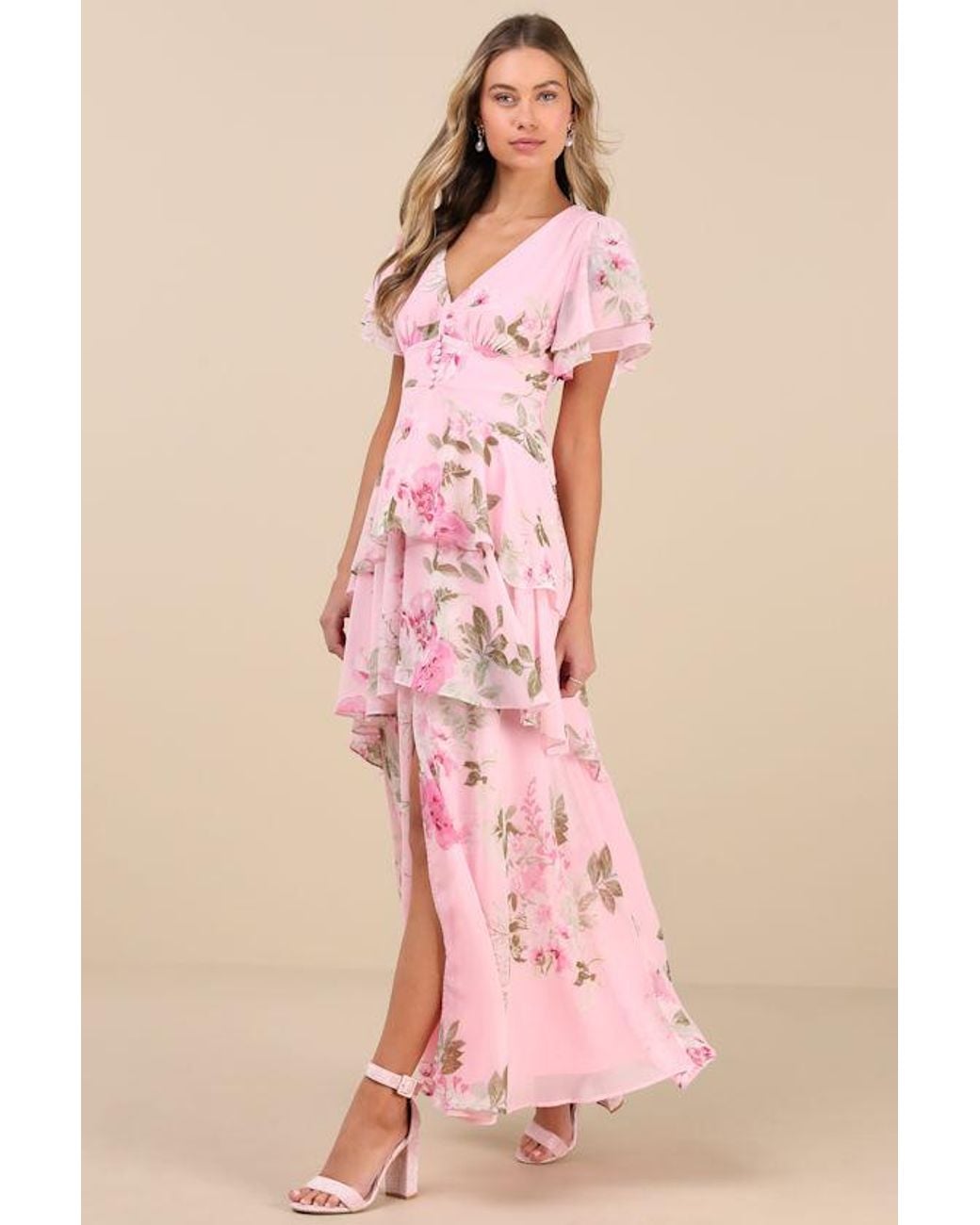 Lulus Pink Midnight Mood Floral Print Tiered Maxi Dress