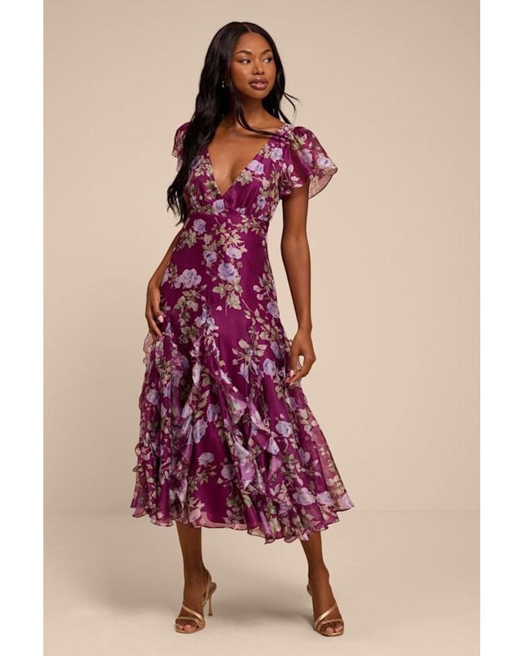 Lulus Pink Deluca Plum Floral Ruffled Midi Dress