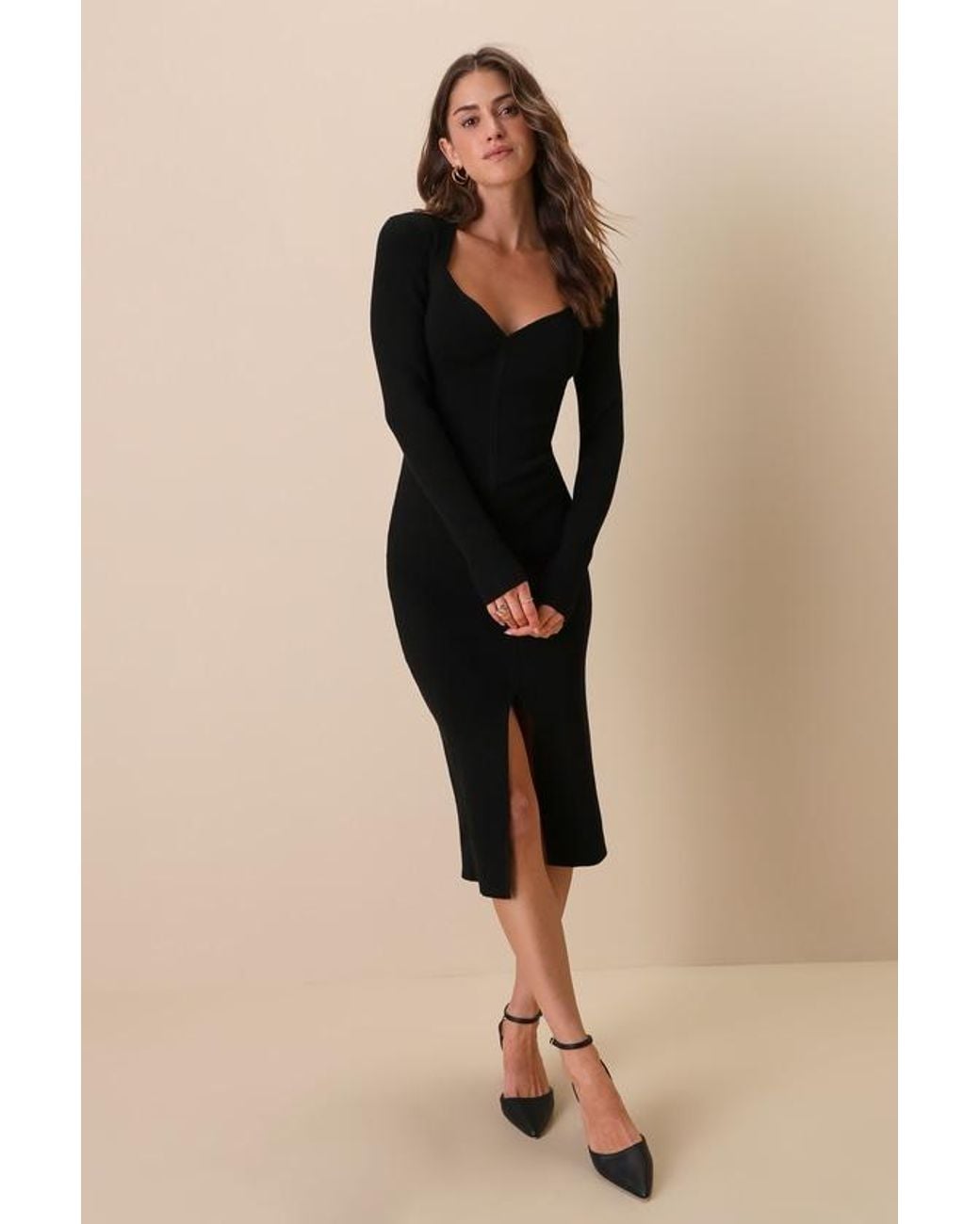 Lulus Natural Adoring Me Ribbed Long Sleeve Midi Sweater Dress