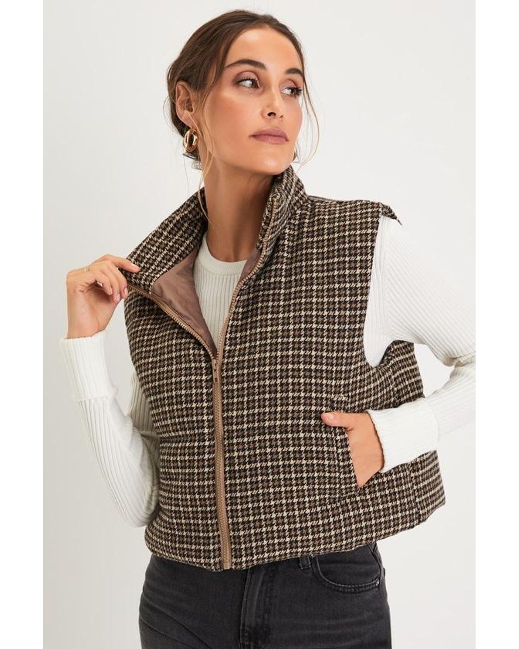 Lulus Black Cloud Nine Cutie Houndstooth Cropped Puffer Vest