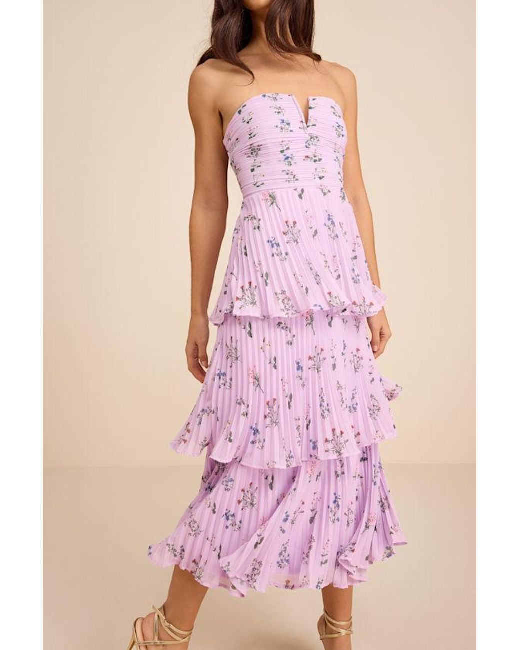 Lulus Pink Hadelyn Floral Pleated Tiered Midi Dress