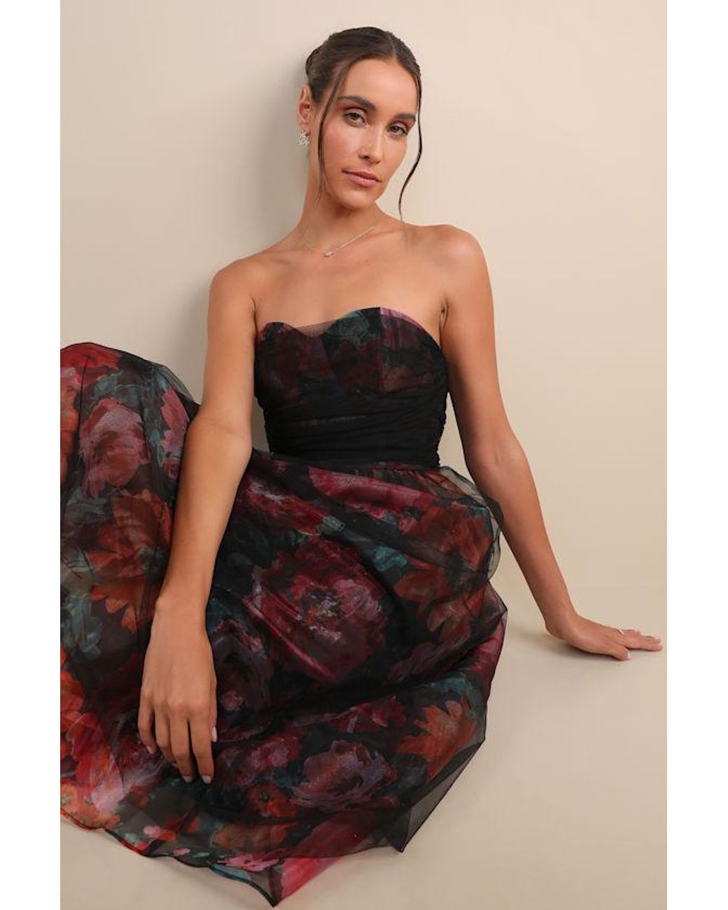 Lulus Natural Splendidly Yours Floral Organza Mesh Strapless Midi Dress
