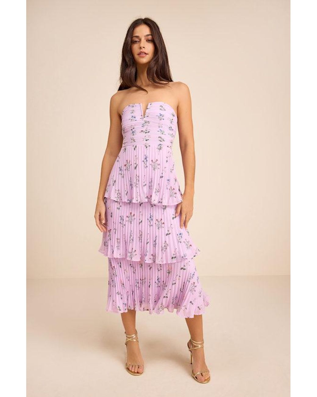 Lulus Pink Hadelyn Floral Pleated Tiered Midi Dress