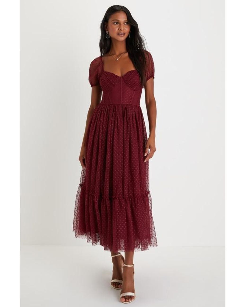 Lulus Sweet Amor Tulle Swiss Dot Tiered Bustier Midi Dress | Lyst