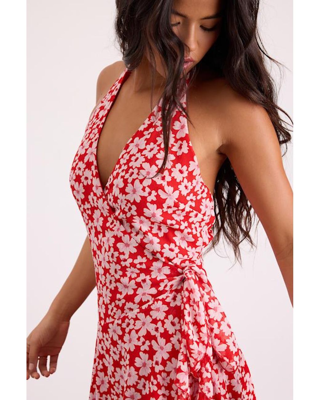 Lulus Red Chenaya Floral Halter Wrap Mini Dress
