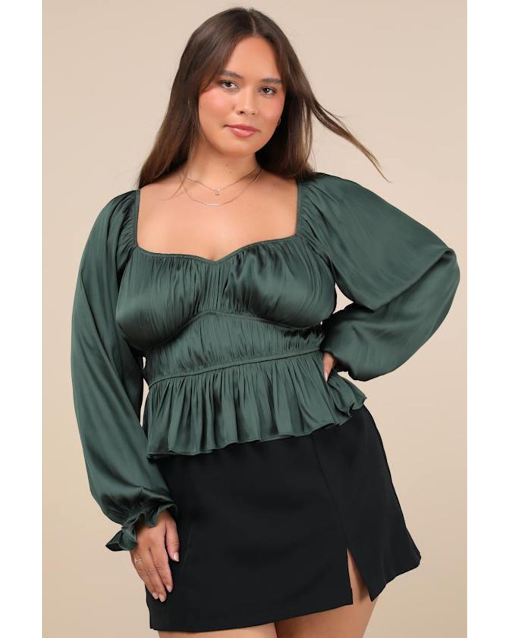 Lulus Green Sophisticate Satin Ruched Long Sleeve Top