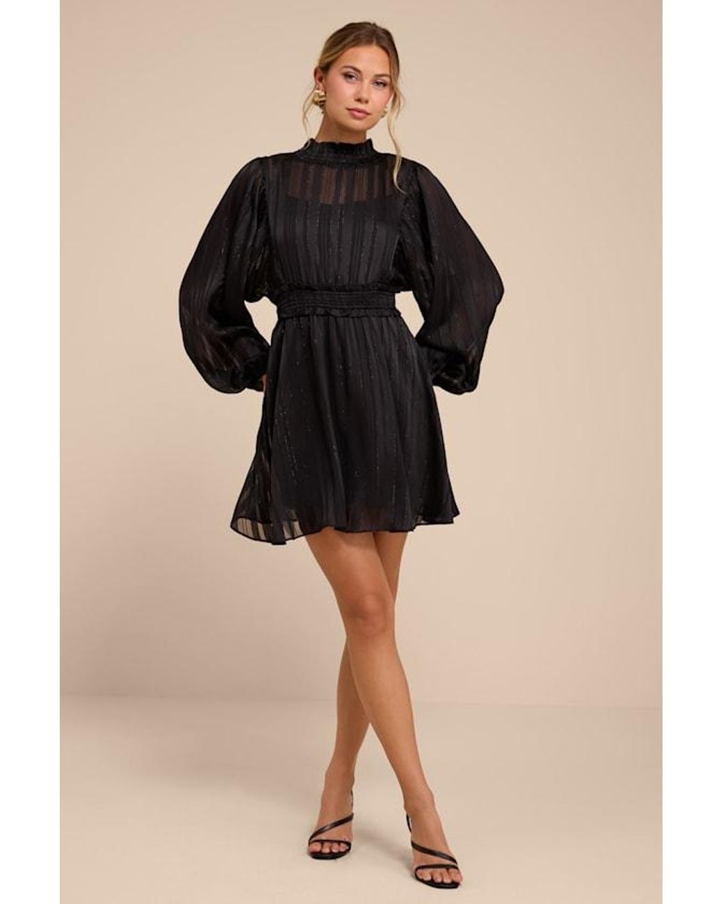 Lulus Black Andie Striped Mock Neck Mini Dress