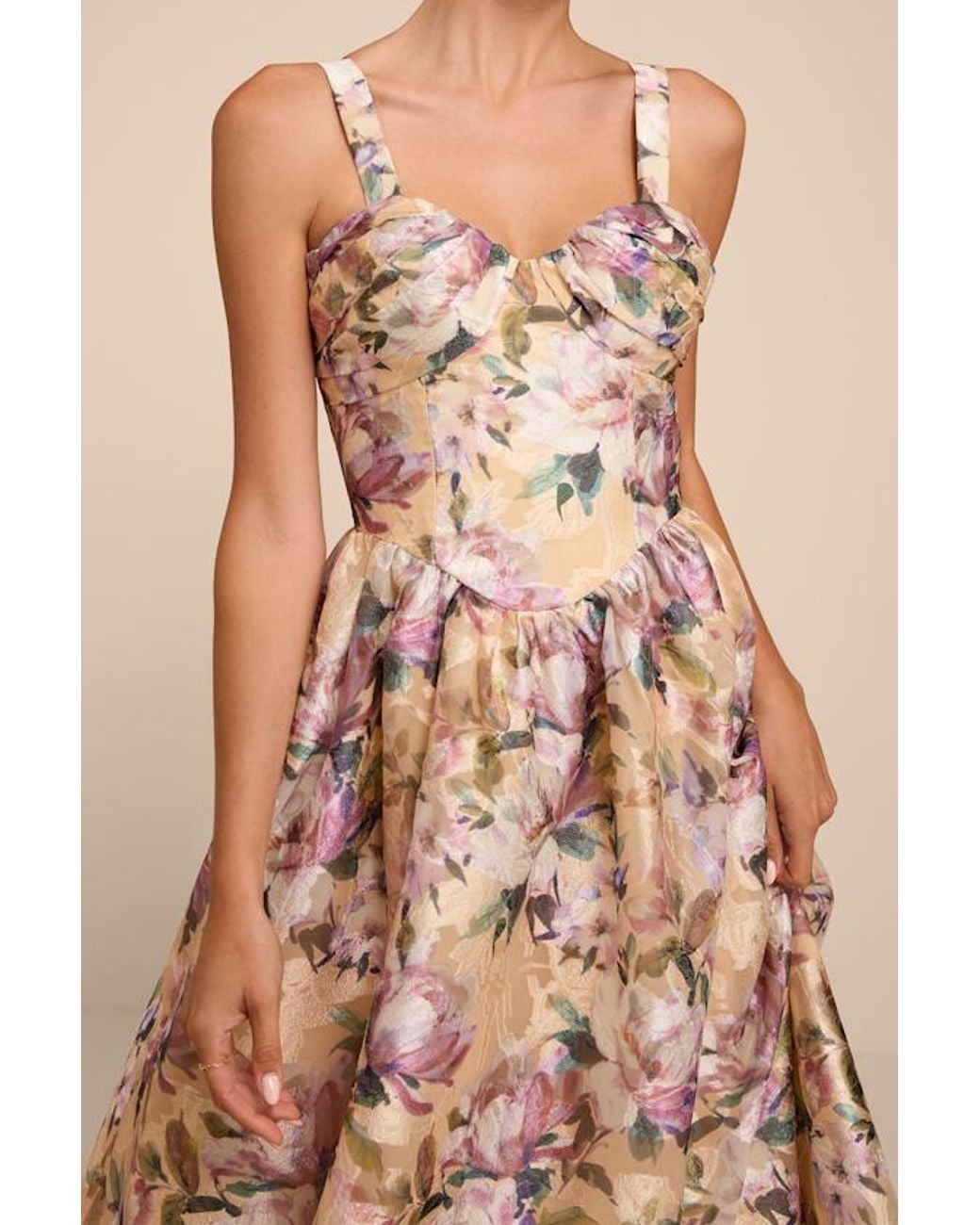 Lulus Natural Kathani Floral Jacquard Bustier Midi Dress