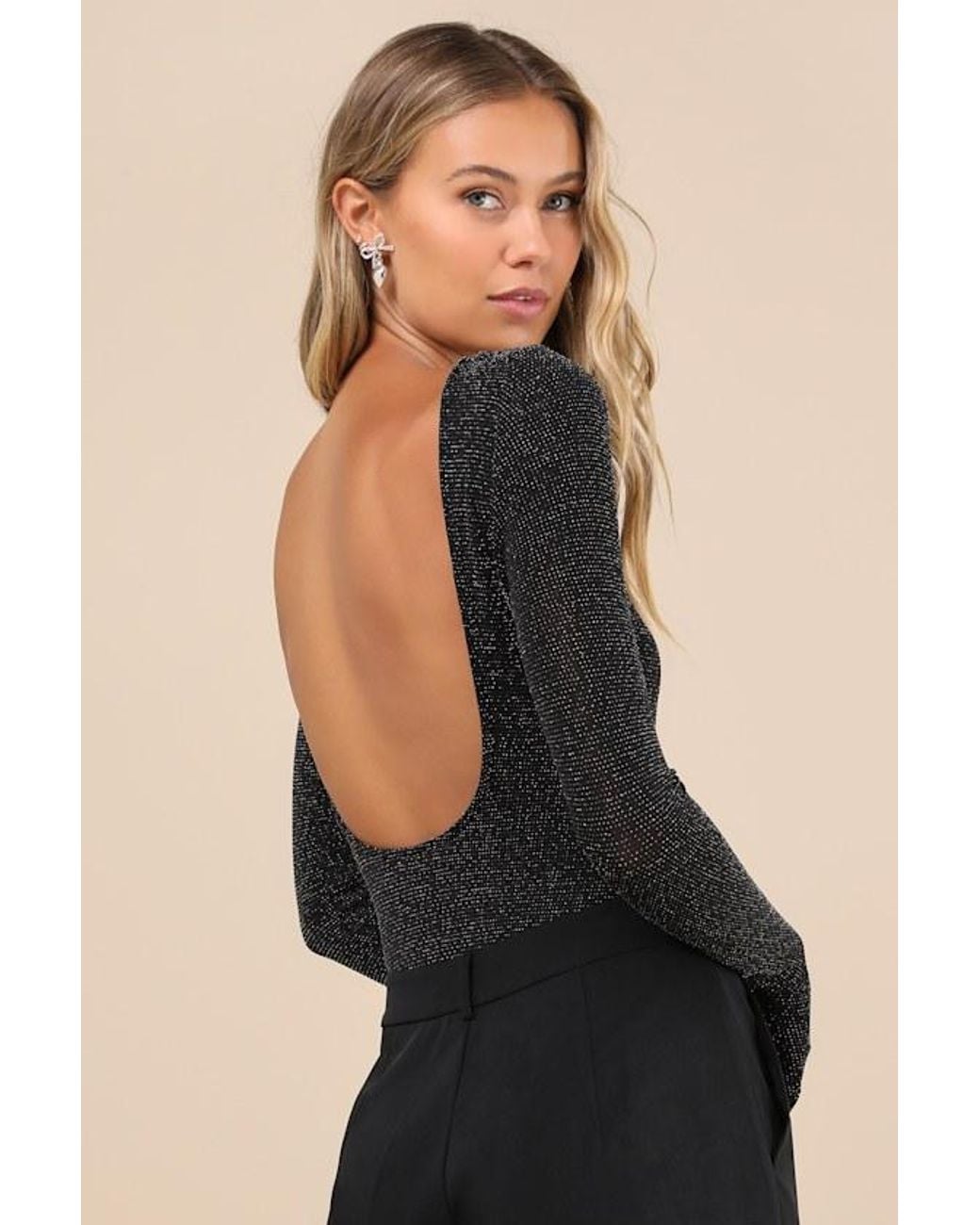 Lulus Black Iconic Sparkle Lurex Backless Long Sleeve Bodysuit