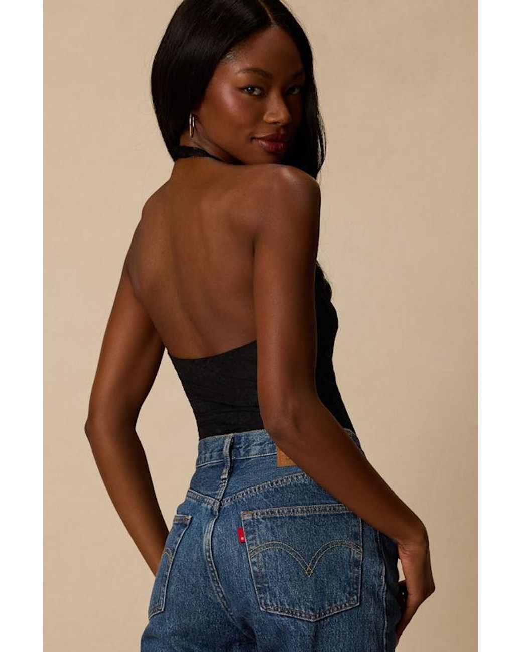 Lulus Blue Cambrie Lace Halter Bodysuit