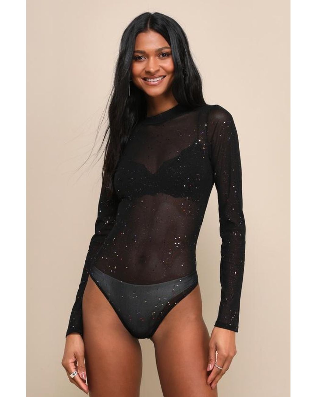 Lulus Black Strike An Attitude Mesh Multi Embellished Mesh Bodysuit