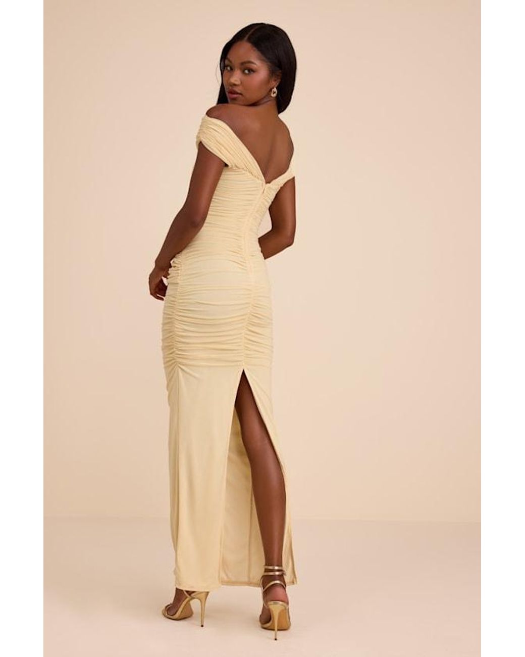 Lulus Natural Jakaya Pale Mesh Off-The-Shoulder Maxi Dress
