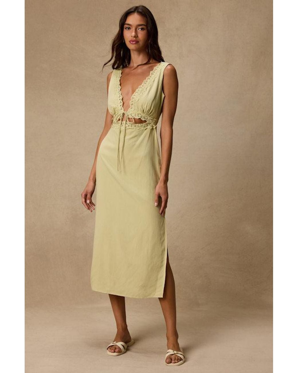 Lulus Natural Connie Light Chartreuse Lace Tie-Front Midi Dress