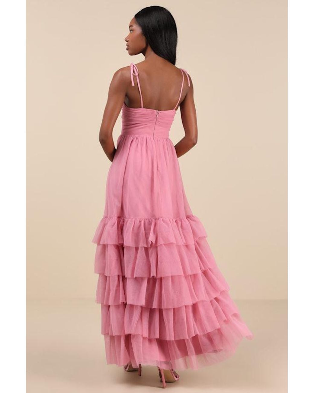 Lulus Pink Endlessly Darling Mesh Tiered Tie-Strap Maxi Dress