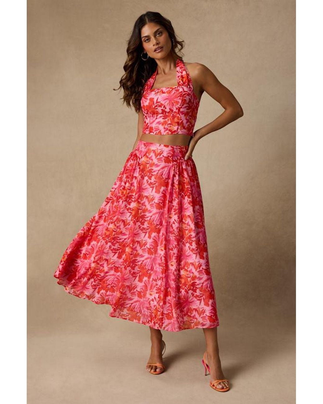 Lulus Red Nashira Multi Floral High-Rise Midi Skirt
