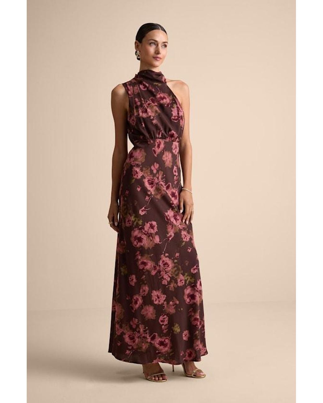 Lulus Brown Distinctive Charm Floral Satin Asymmetrical Maxi Dress