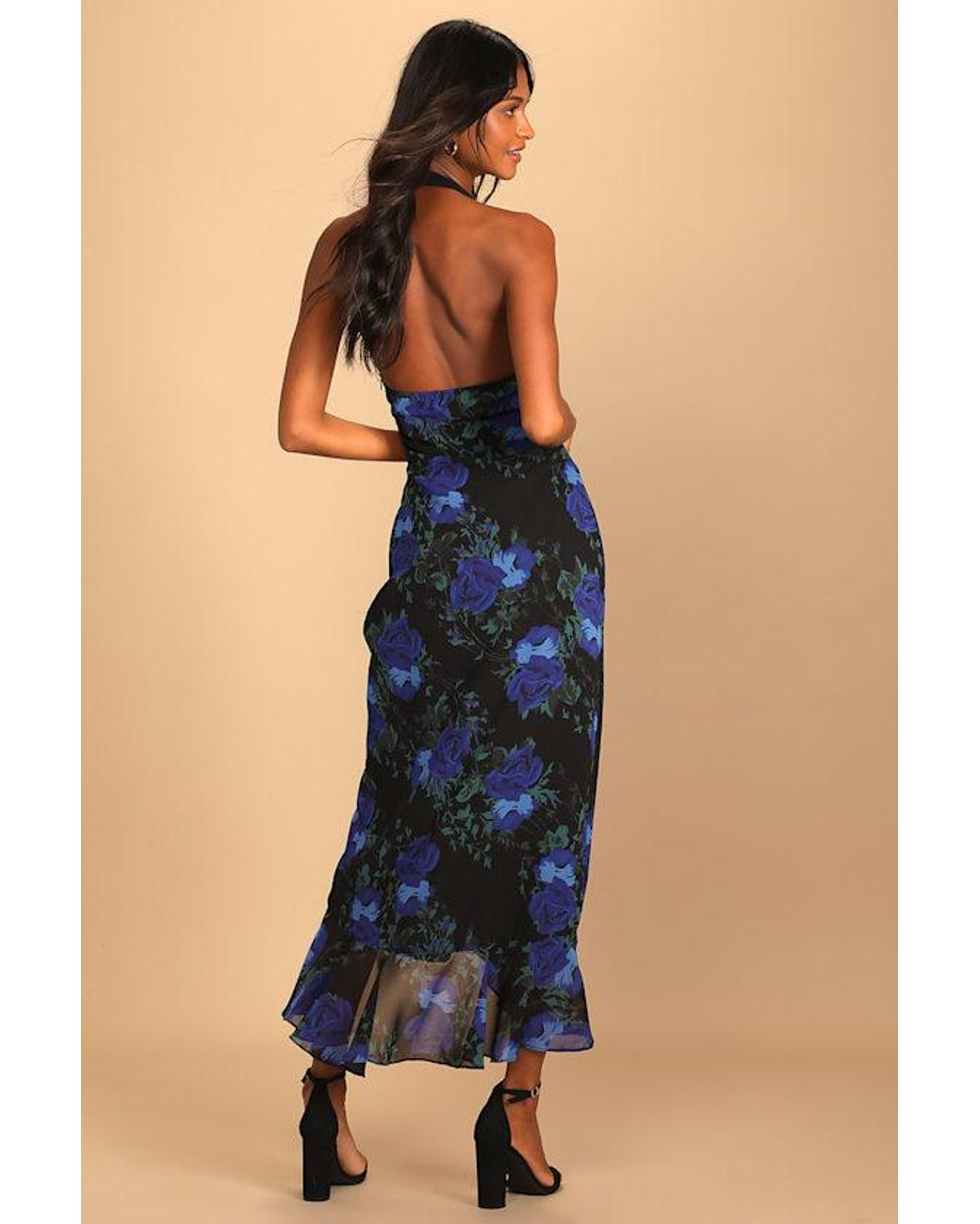 Lulus Blue Elegant Entrance Floral Print Halter Maxi Dress