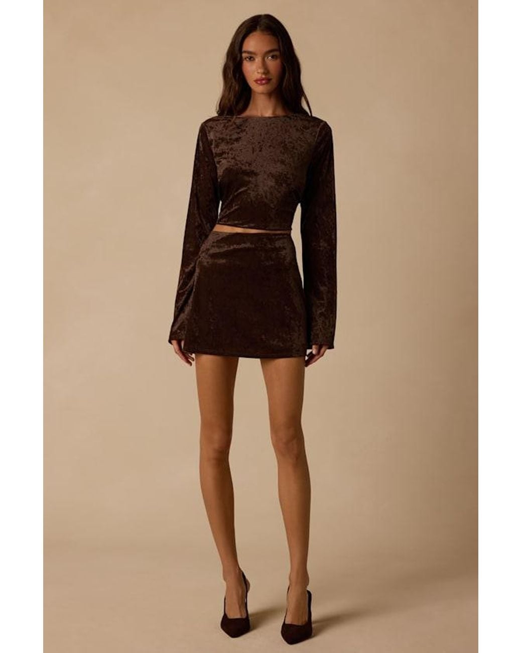 Lulus Brown Talaria Velvet Cutout Long Sleeve Crop Top